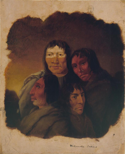 Four portraits of Clackamas men assembled into a single painting