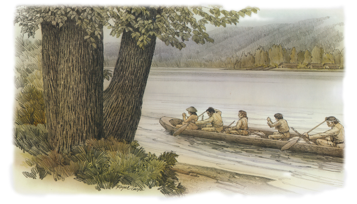 Clark has his men paddle a dugout canoe up the Willamette River