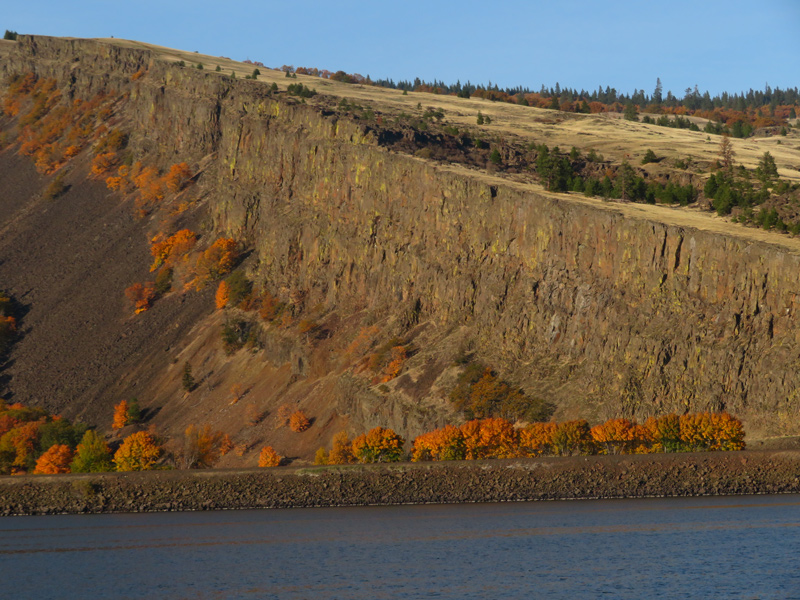 Columbia River Gorge brown barren hills with tilted layers of dark rock