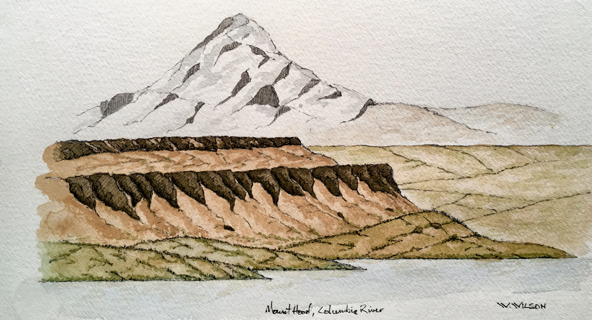 watercolor of Mt. Hood viewed from the Columbia River