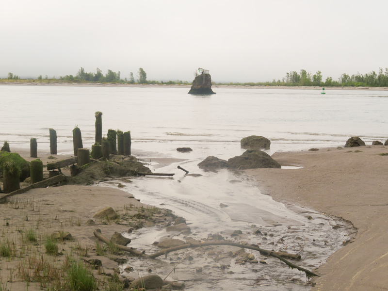 Tall and skinny basalt rock juts out the river