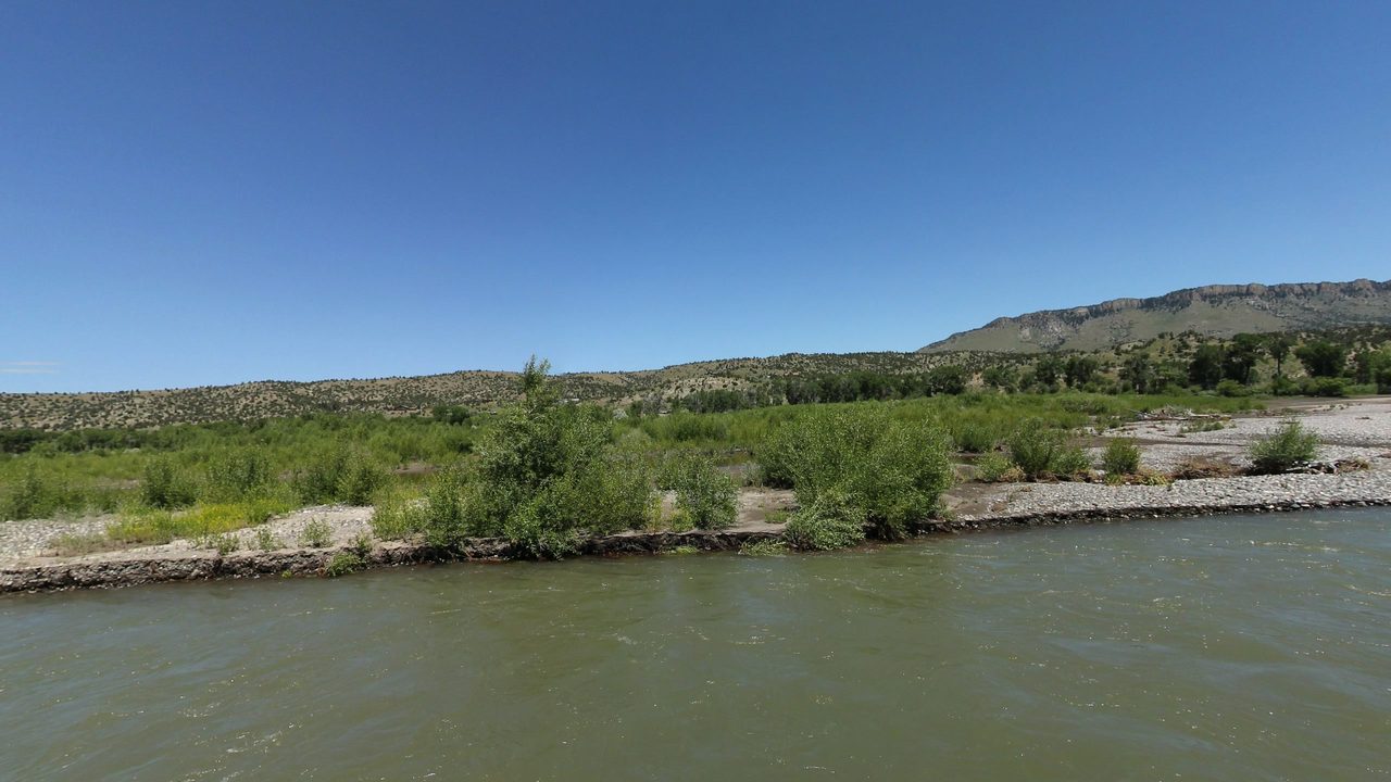 A gravel bar with willows below dry, juniper-dotted hills and a distant cliff, 2024