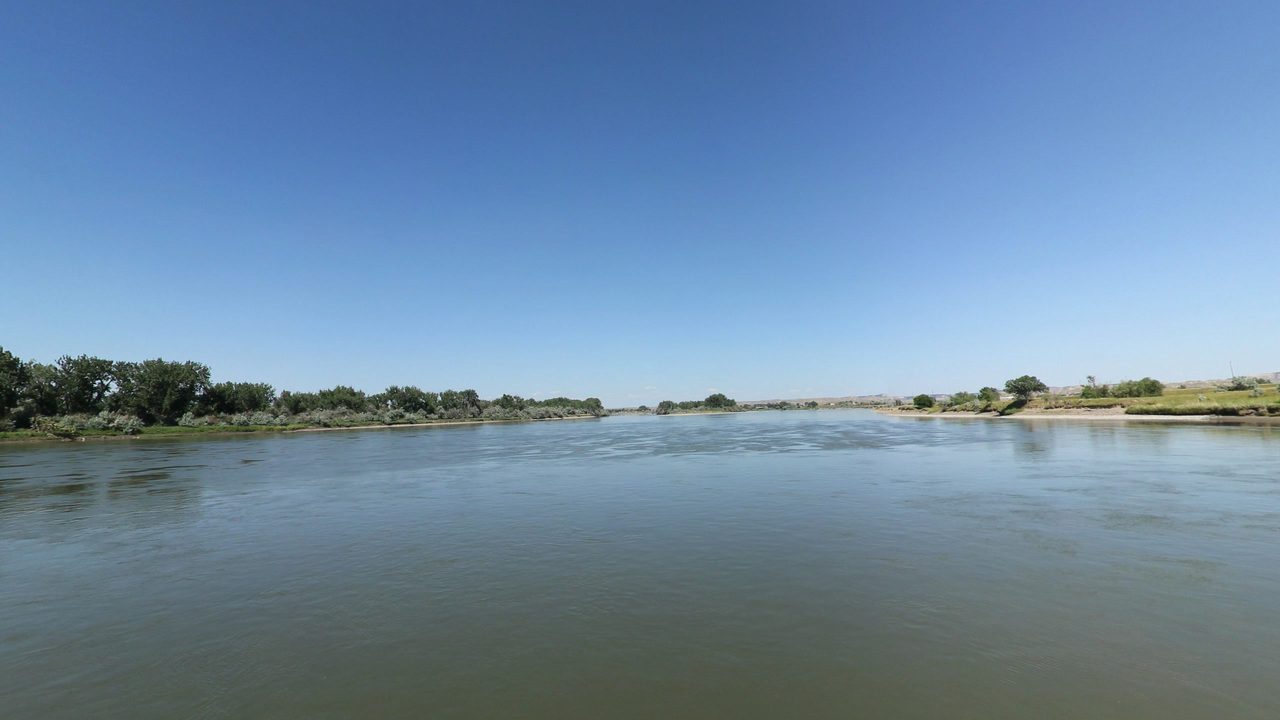 The Yellowstone River between low wooded banks under a deep blue sky, 2024