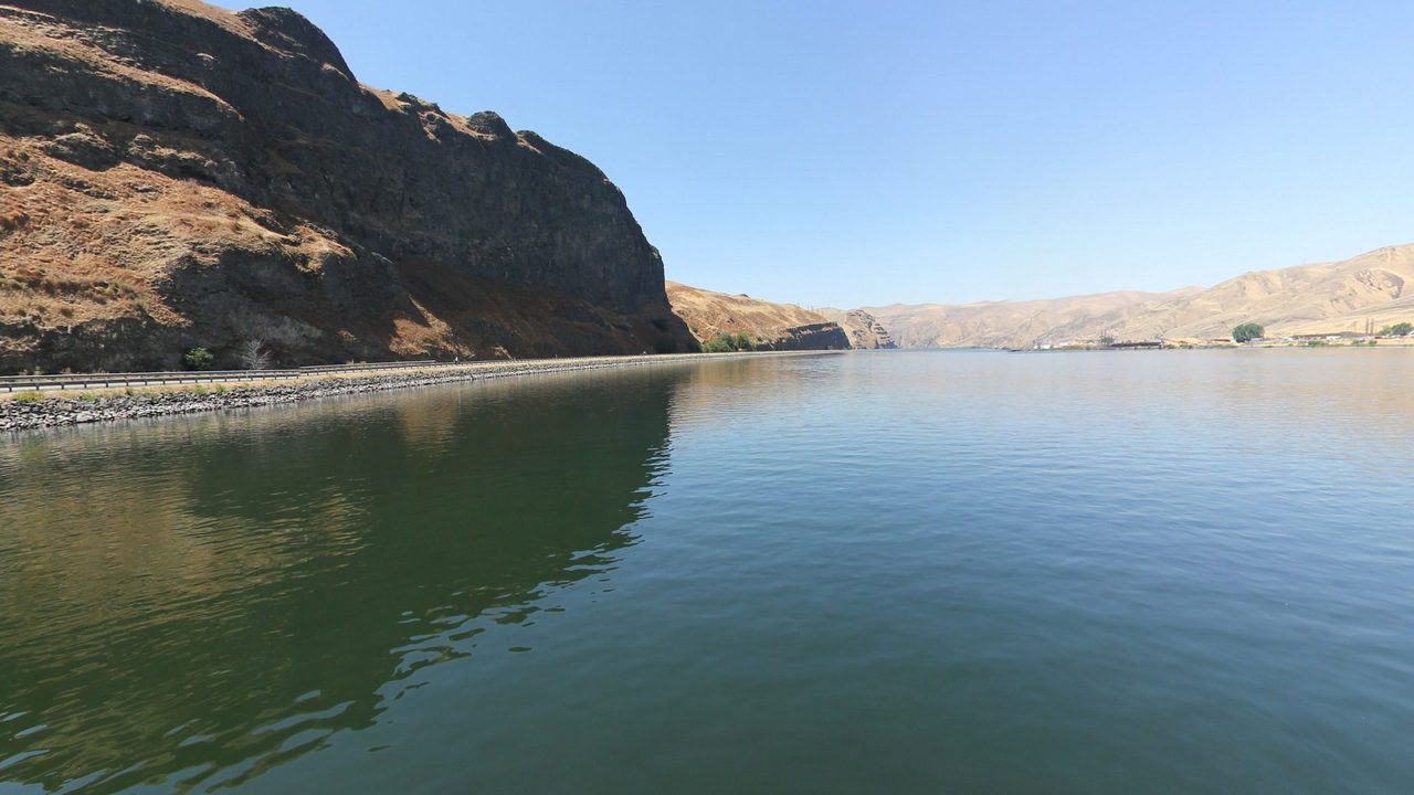The calm Snake River below a dark basalt cliff, with dry golden hills upriver, 2024