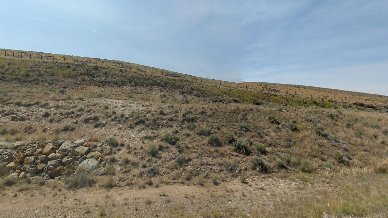 A dry, rocky hillside of sagebrush and bunchgrass below a fence line, 2024