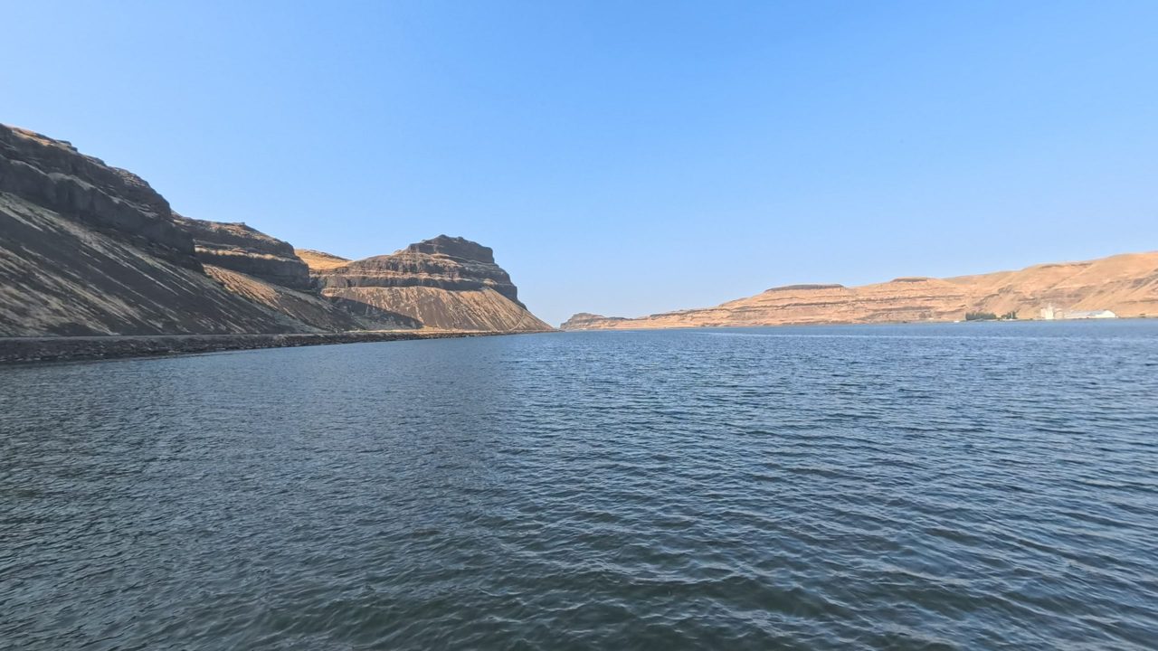 The Columbia River below dark basalt cliffs on the left, with dry golden bluffs downstream, 2025