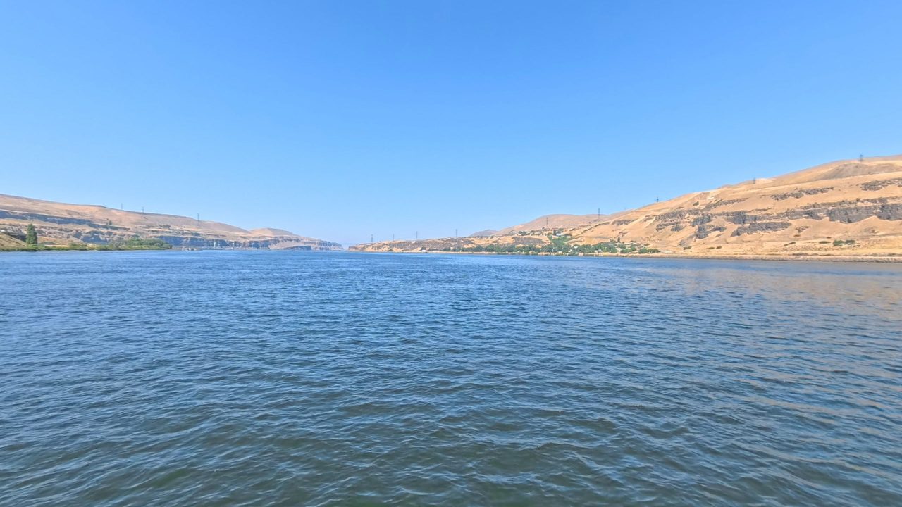 The Columbia River below dry golden hills with a line of basalt cliffs, under a clear sky, 2025