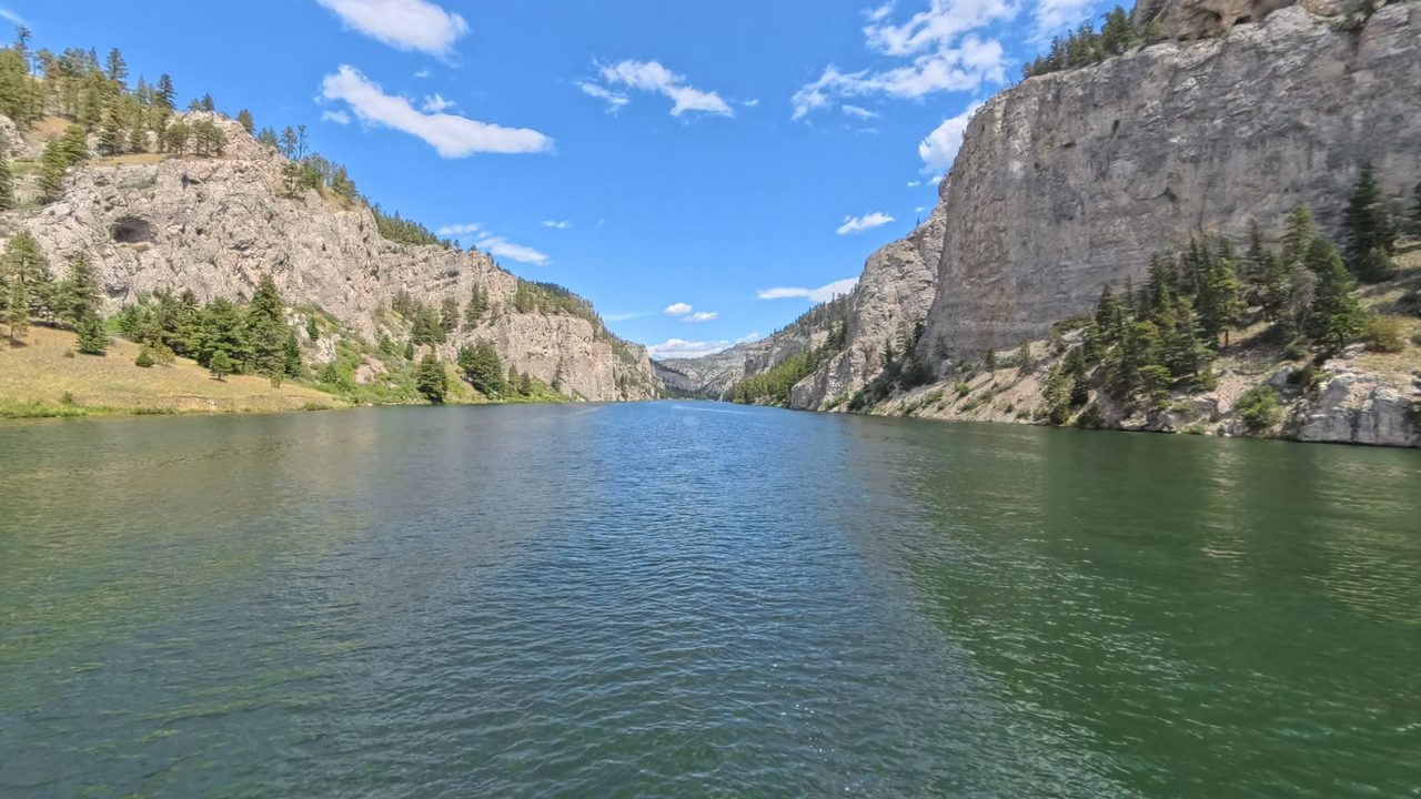 The Missouri River between tall pale limestone cliffs and scattered pines, 2025