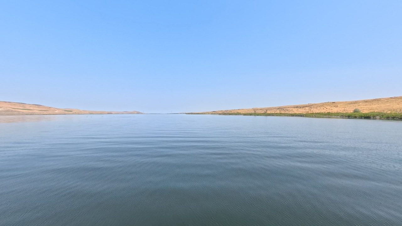 The wide Columbia River between low, dry golden hills under a clear sky, 2025