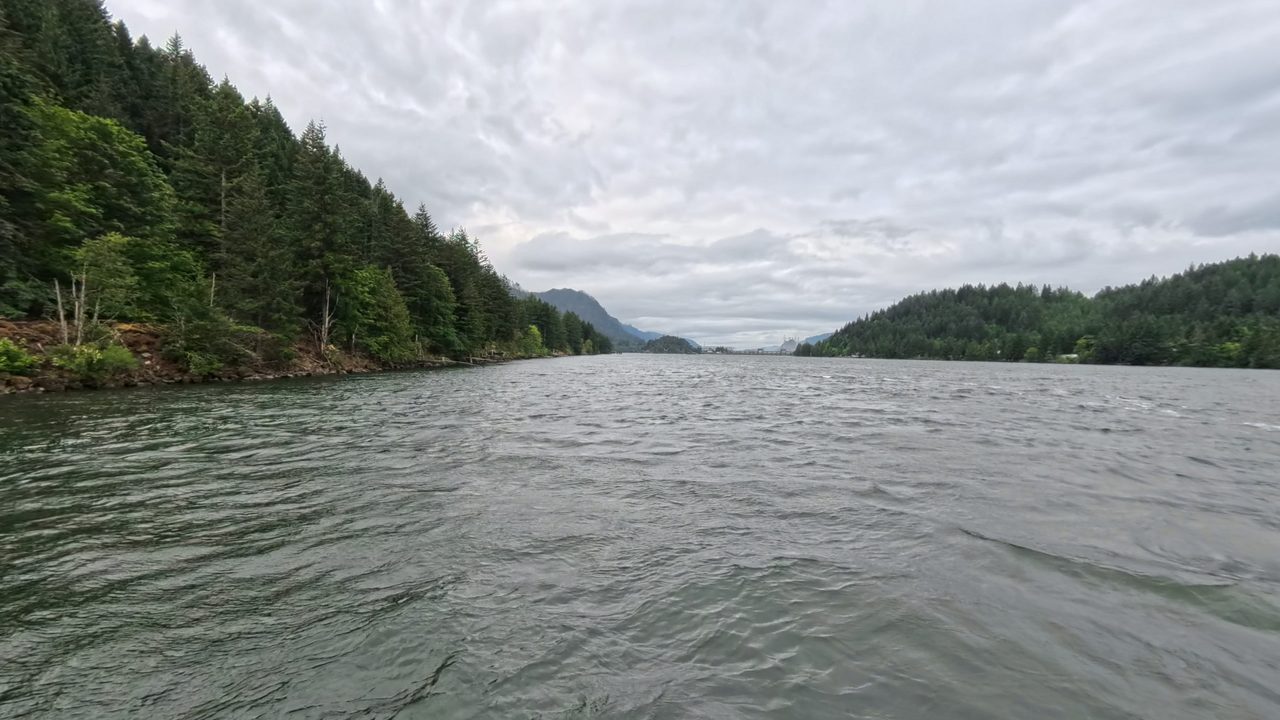 The Columbia River between steep, conifer-covered slopes under grey clouds, 2025