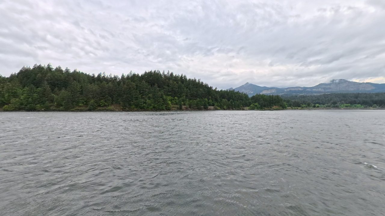 The Columbia River below forested shores and cloud-draped mountains, 2025