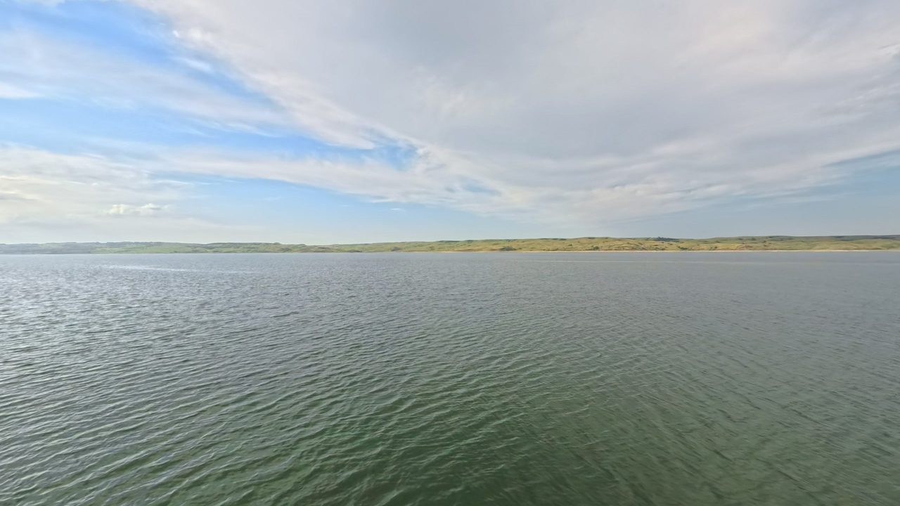 Lake Oahe below low, rolling grassy hills under a pale sky, 2025