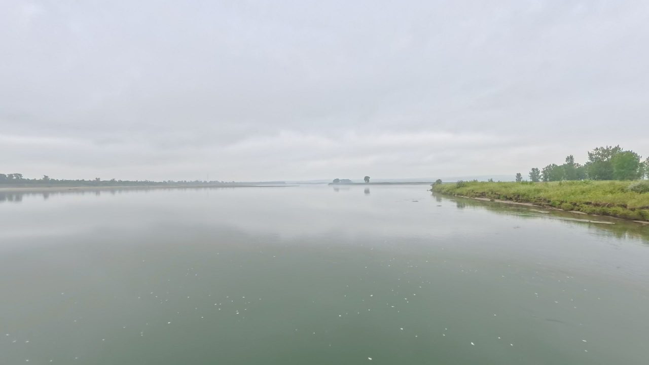 The calm Missouri River with a grassy point on the right, under a grey, overcast sky, 2025