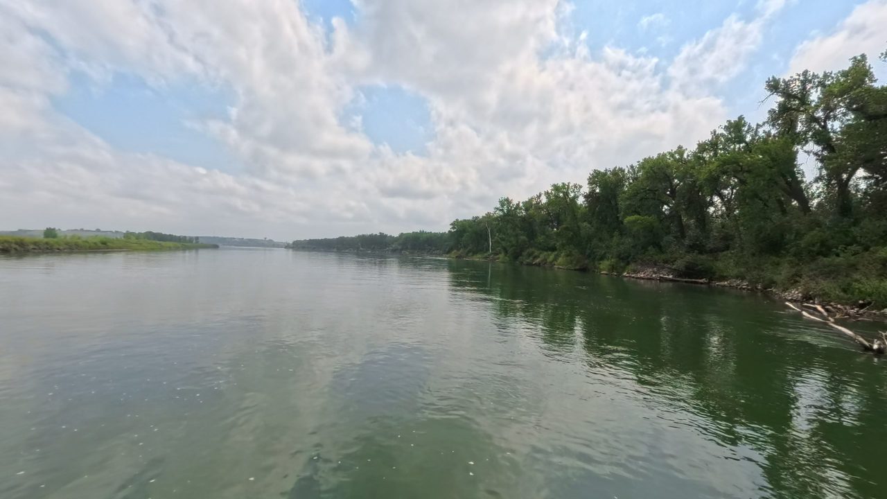 The Missouri River below tall cottonwoods on the right bank, under broken clouds, 2025