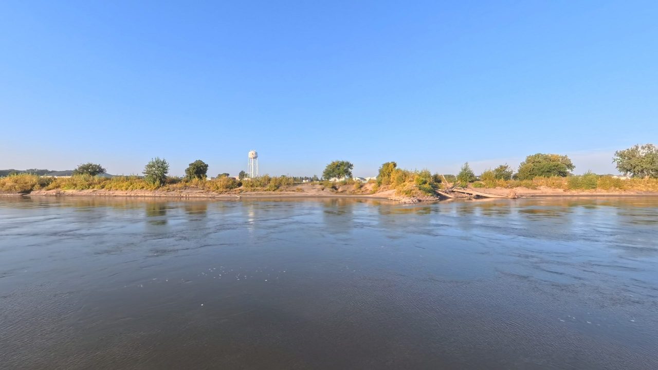 Driftwood on a sandy bank of the Missouri River below golden brush, with a water tower beyond, 2025