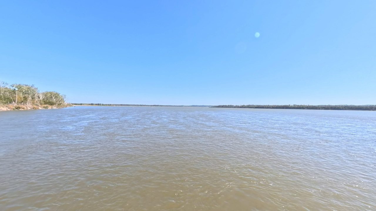 The wide Missouri River with pale cottonwoods on a point to the left, under a clear sky, 2025