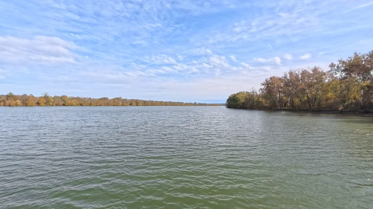The Ohio River with trees in autumn color on the right bank, under wispy clouds, 2025