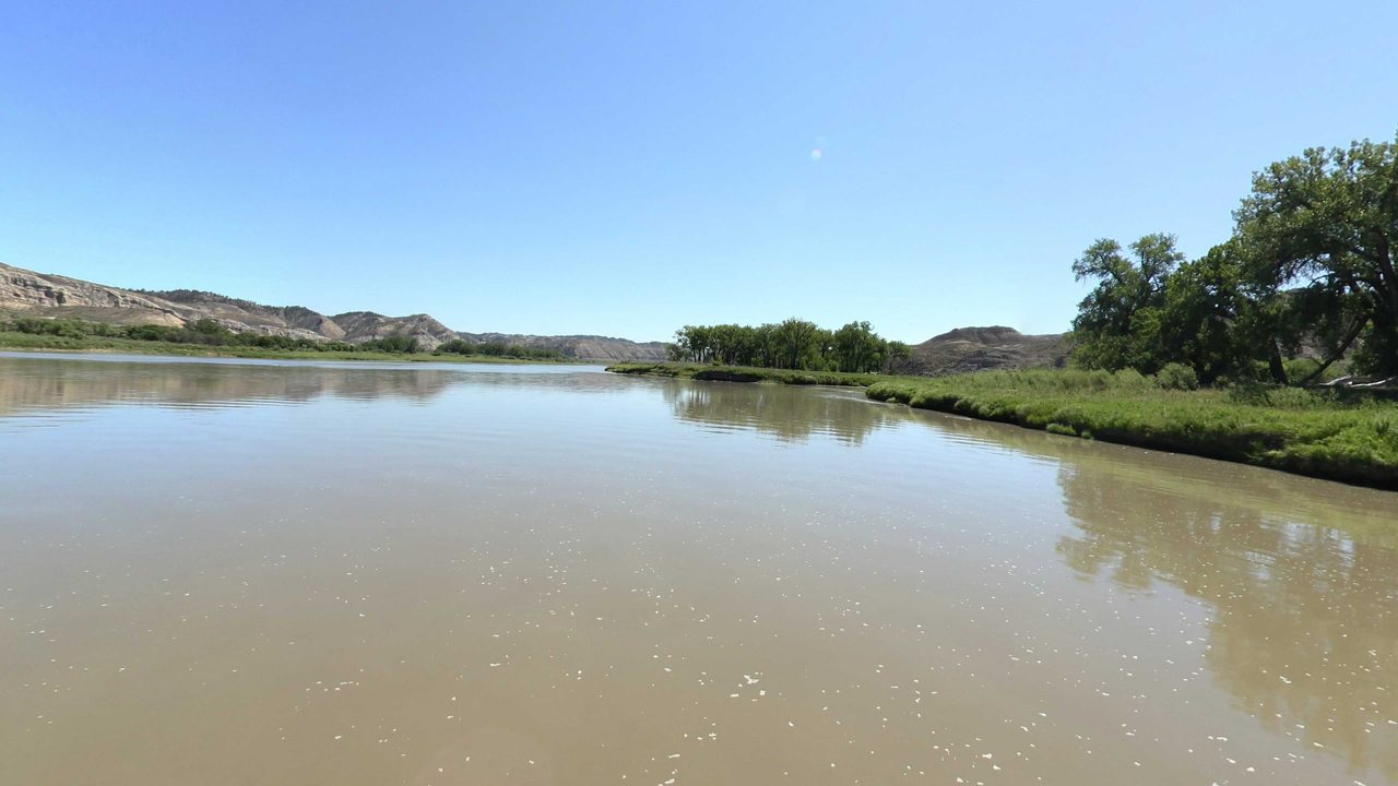 The calm Missouri River with a grassy bank and cottonwoods on the right, below pale bluffs, 2022