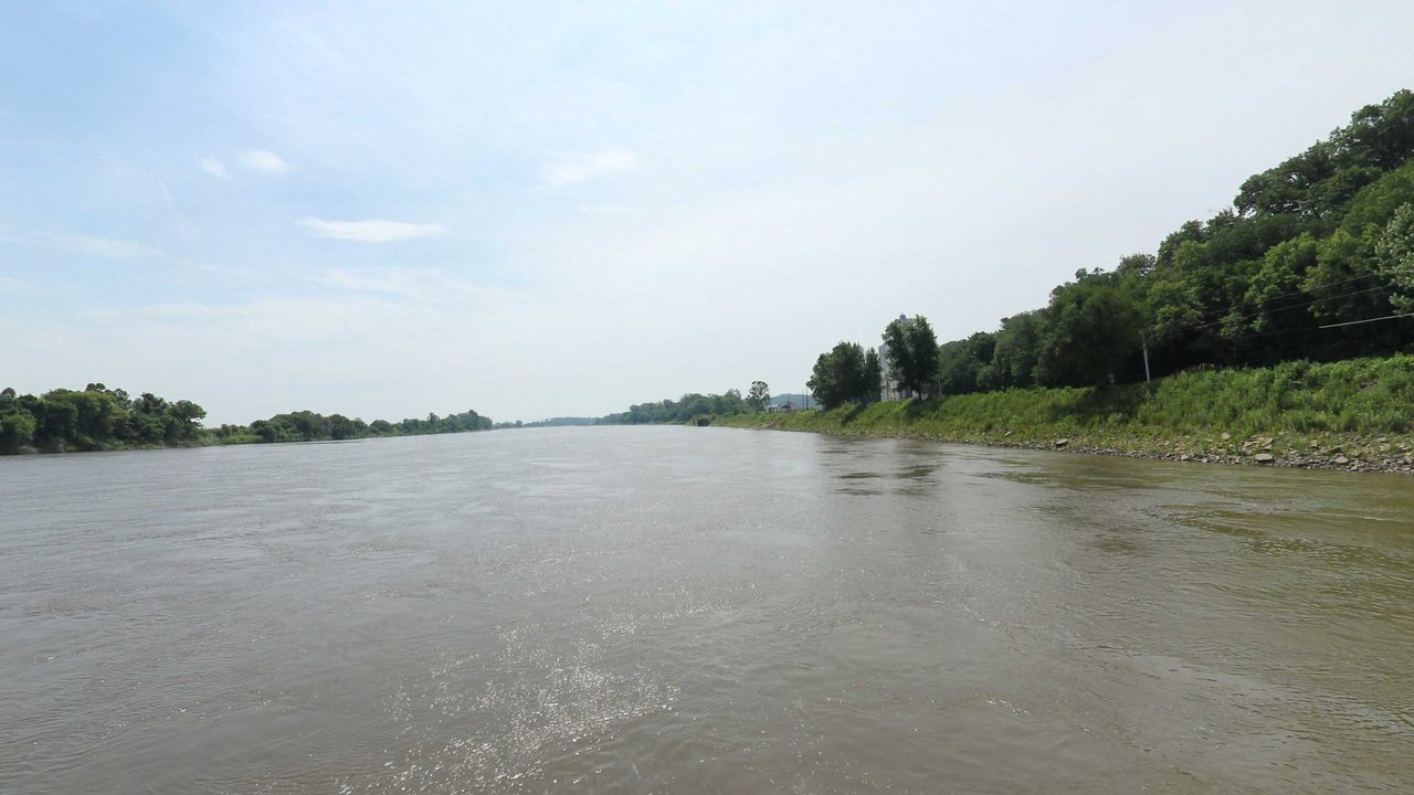 The Missouri River below a grassy bank with trees and a tall grain elevator on the right, 2023
