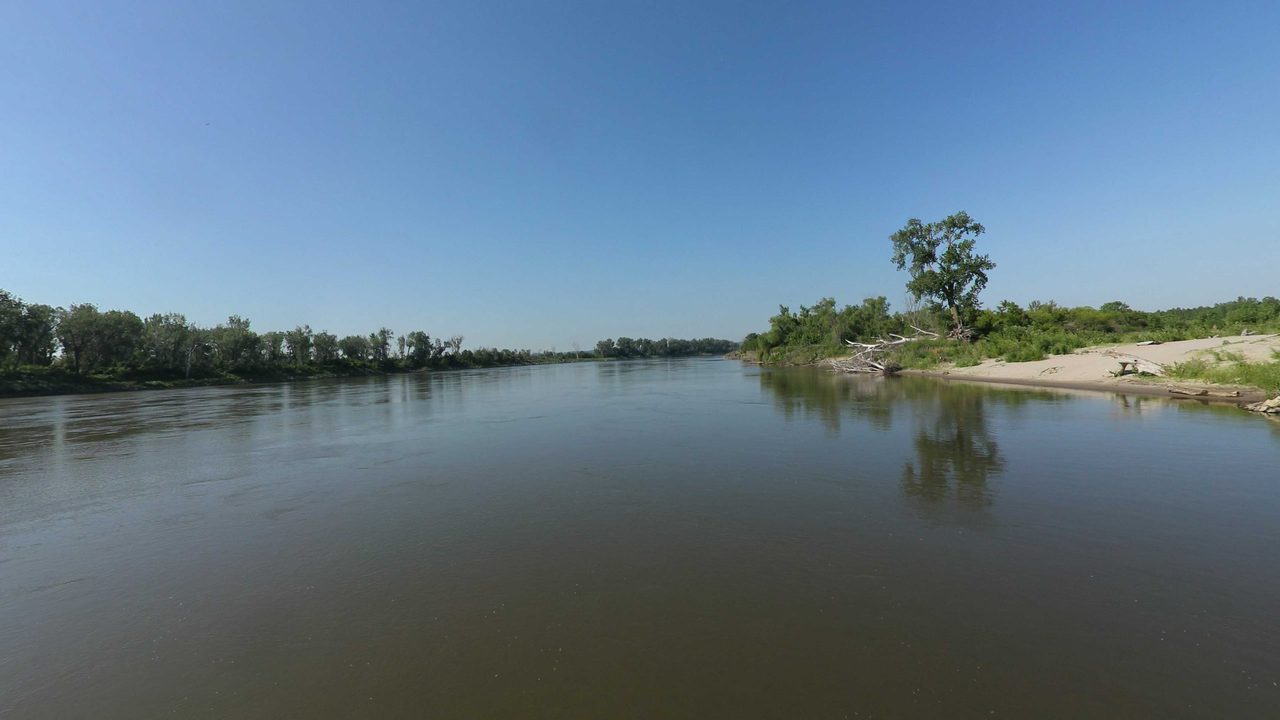 The Missouri River with a lone tree on a sandy point to the right, 2023