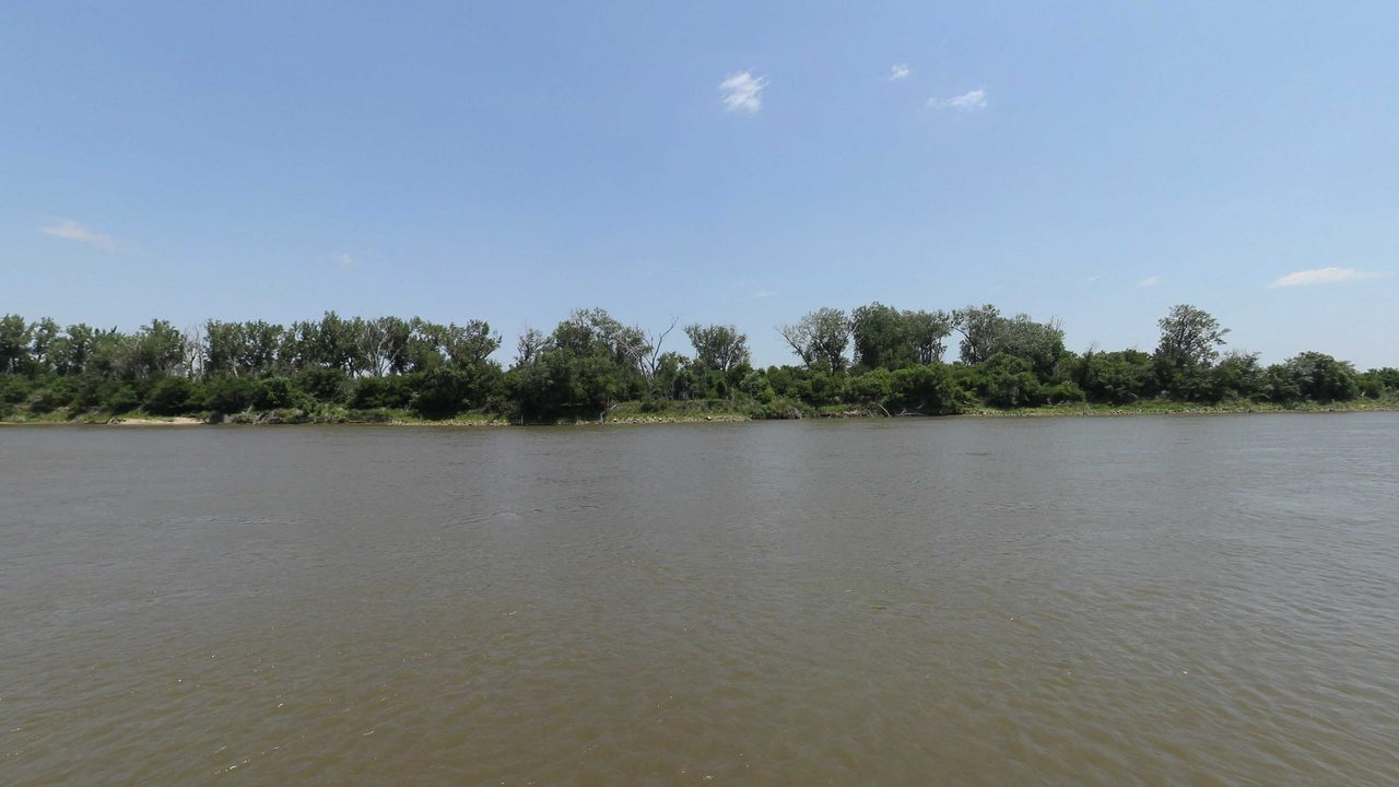 The Missouri River beside a wooded bank with bare snags at the water's edge, under a blue sky, 2023