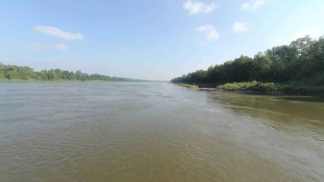 The Missouri River beside a wooded bank on the right, under a few white clouds, 2023