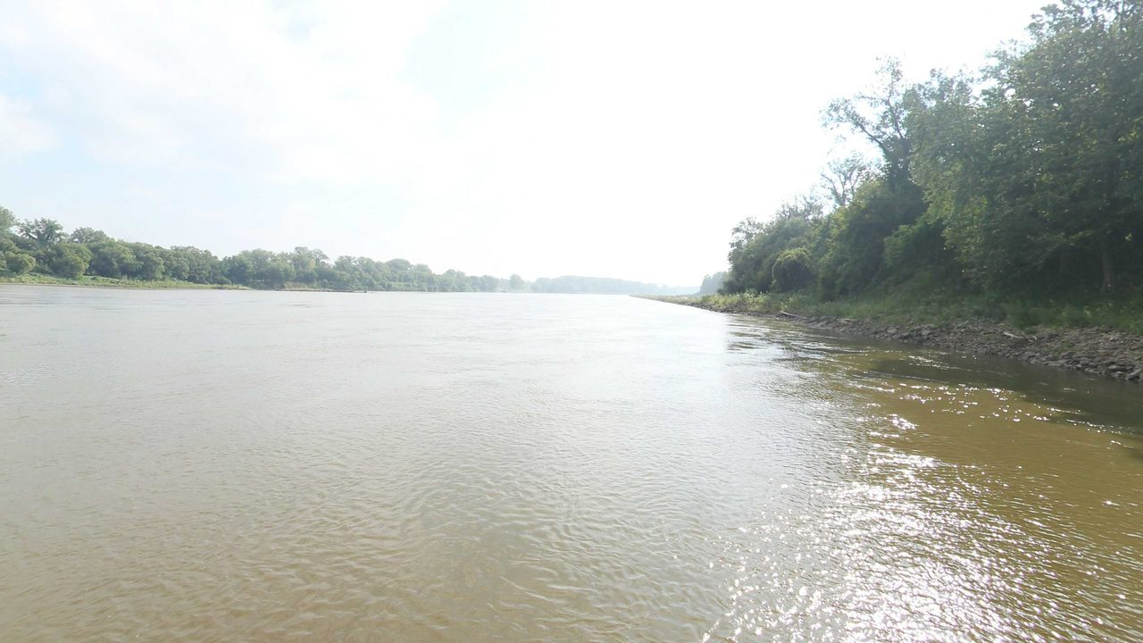 The Missouri River beside a wooded bank on the right, under a bright hazy sky, 2023