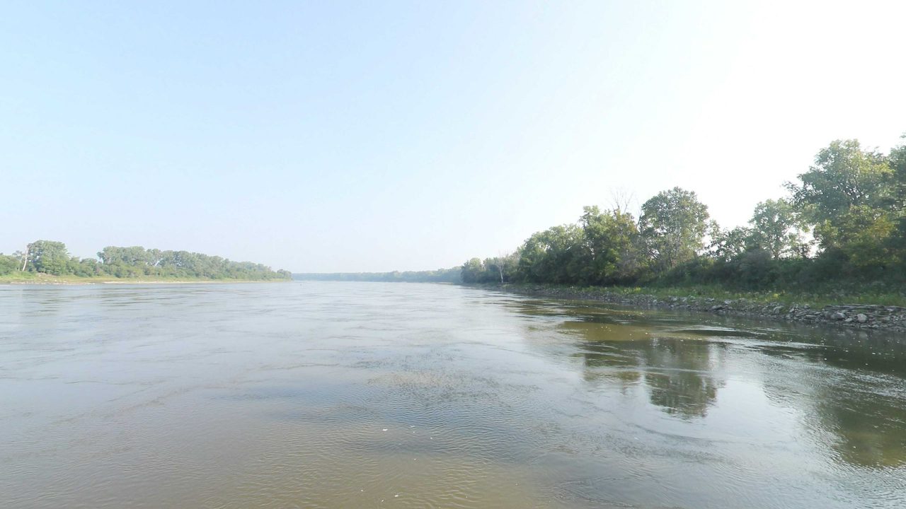 The Missouri River beside a wooded bank reflected in the calm water on the right, 2023