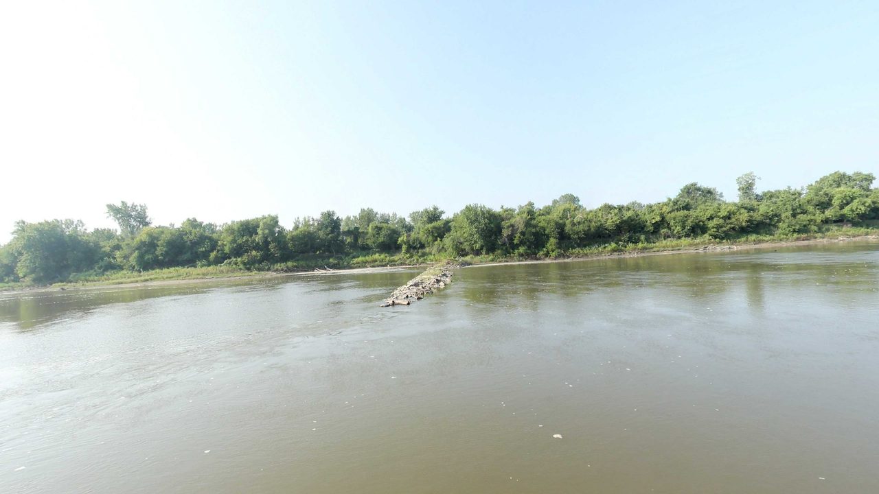 The Missouri River bending past a leafy wooded bank with a sandy shore and driftwood, 2023