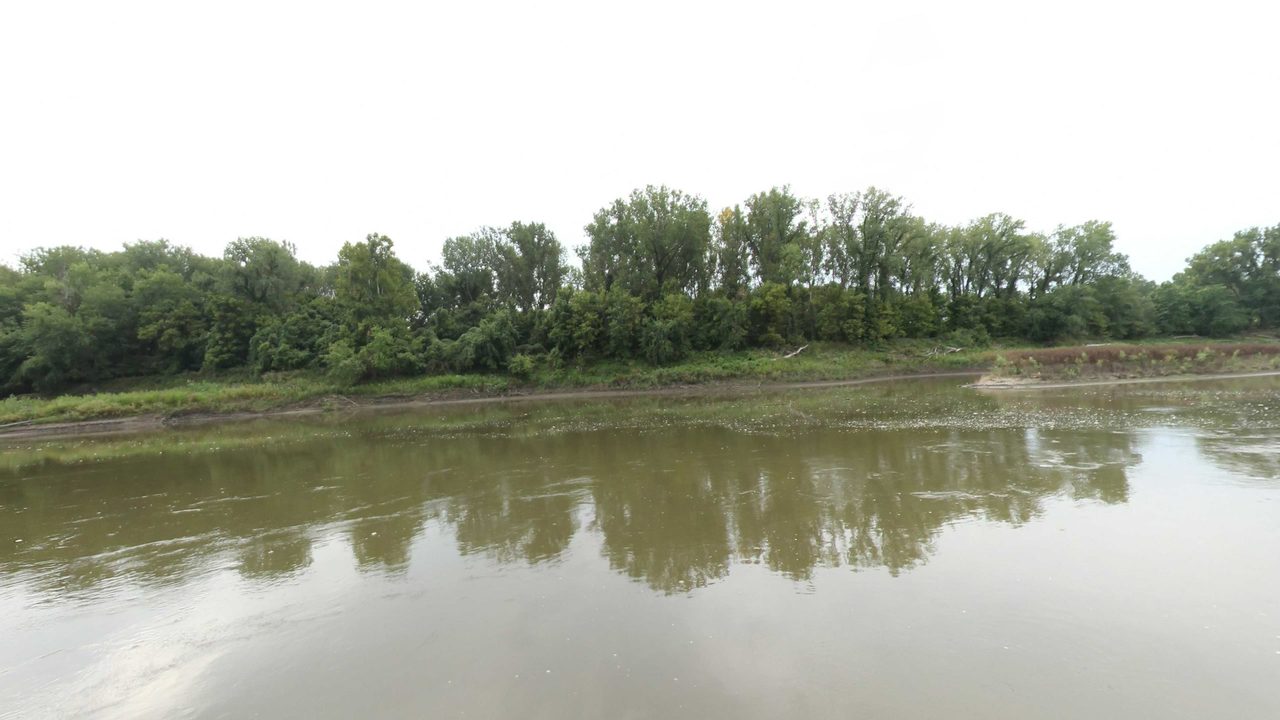 The calm Missouri River mirroring a long wooded bank under a white sky, 2023
