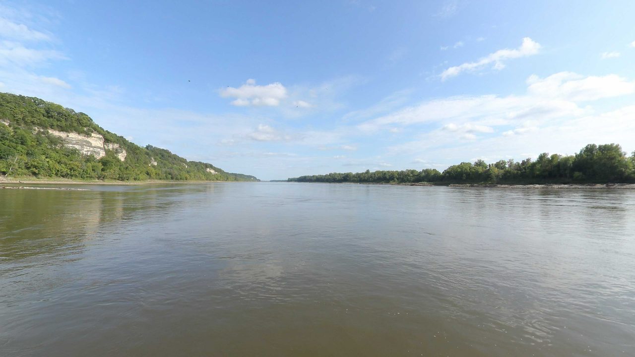 The Missouri River below a wooded bluff with pale limestone cliffs on the left, 2023