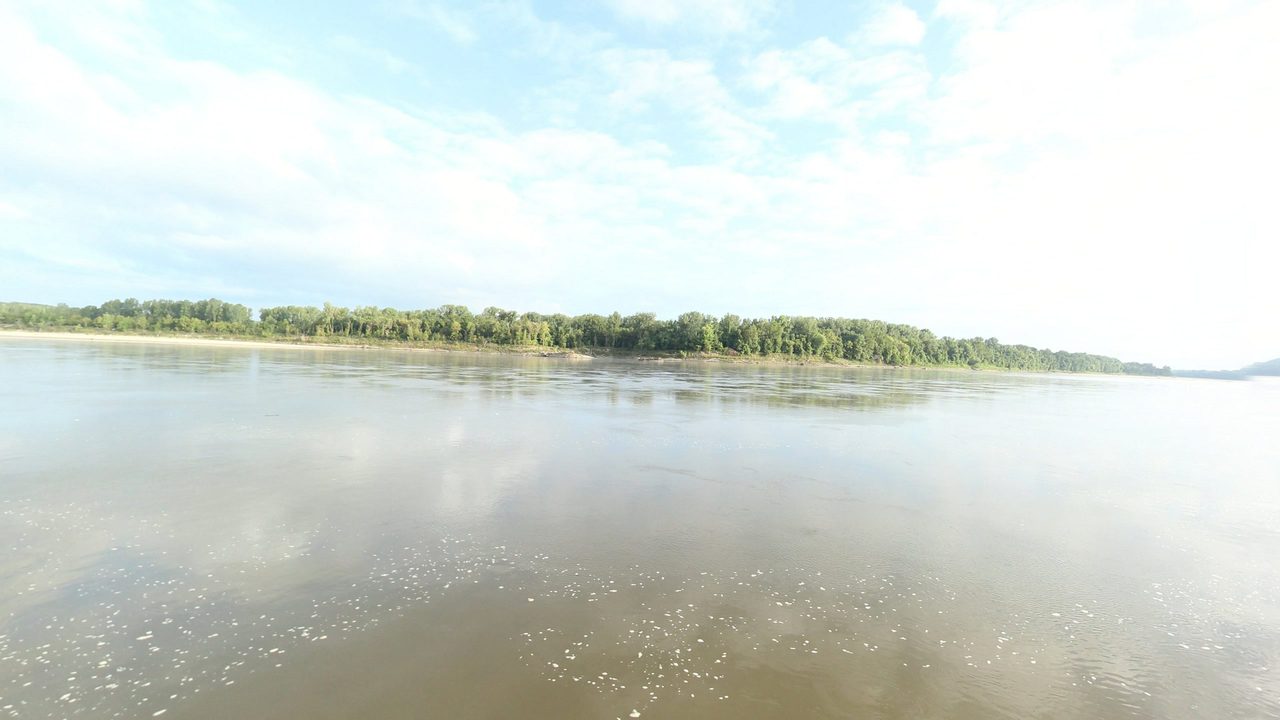 The wide Missouri River under a hazy sky, with a sandbar below a long wooded shore, 2023